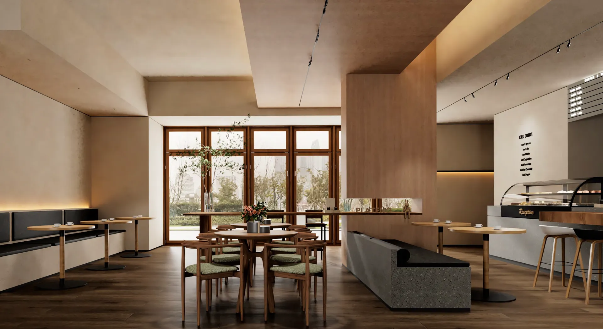 Track spotlights dropping focused pools onto cafe tables and counters